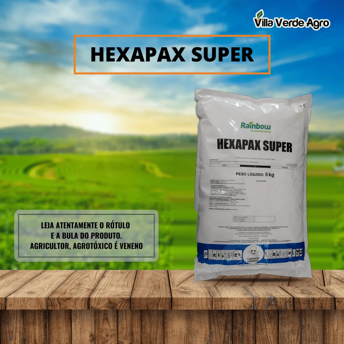 Embalagem de 5 kg do herbicida Hexapax Super da Rainbow, com hexazinona 750 g/kg