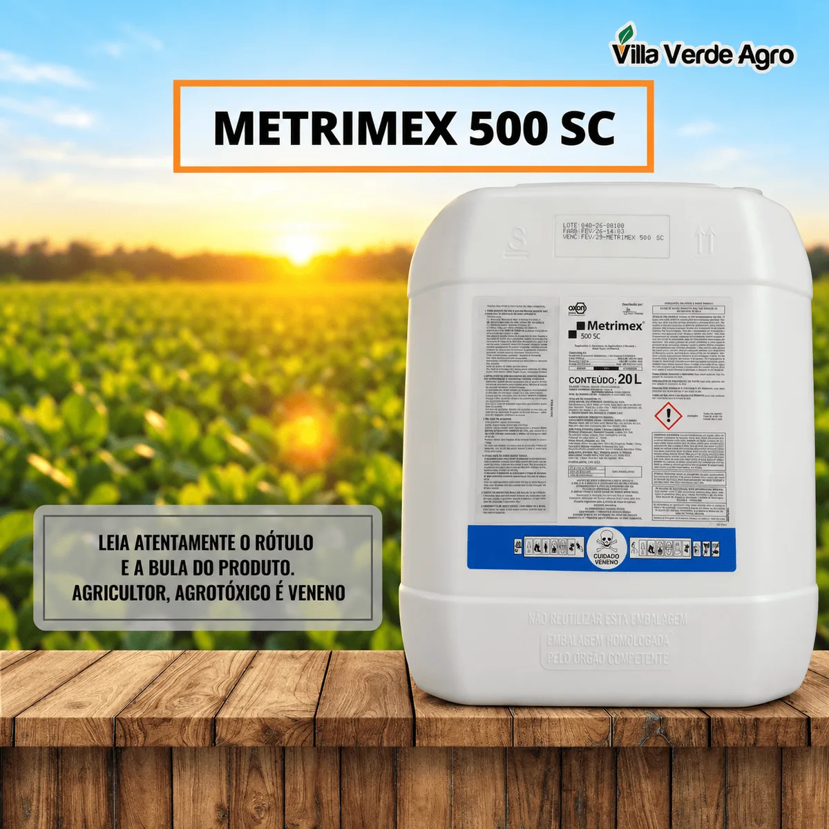 Bombona branca de 20 litros do herbicida Metrimex 500 SC com ametrina 500 g/L
